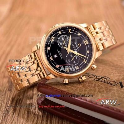 Perfect Replica Omega De Ville Yellow Gold Watches Black Chronograph Dial